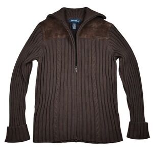 Vintage Y2K Ribbed Cardigan Sweater Womens M Brown Cotton Zip UpLeather Western